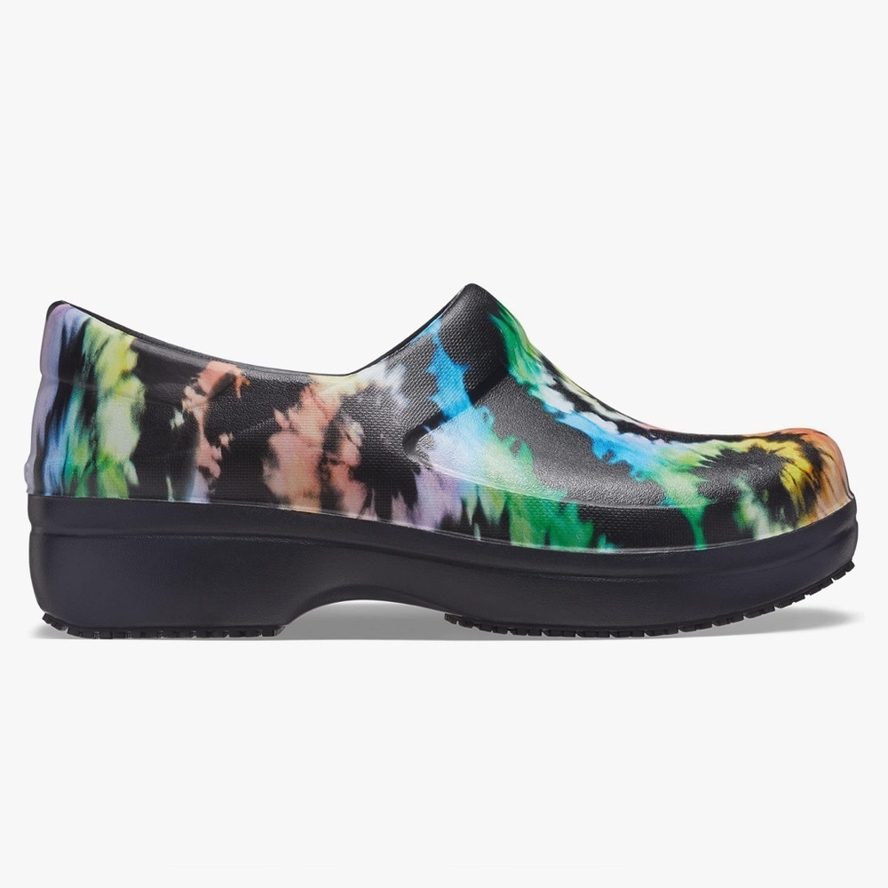 CROCS Black Tie-Dye Slip-On Clog with Green Blue Yellow Pink Accents